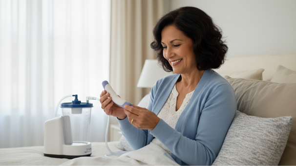 Woman holding the PureWick female catheter in bed