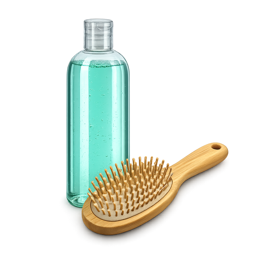 Transparent bottle filled with aquamarine liquid next to a bamboo hairbrush.