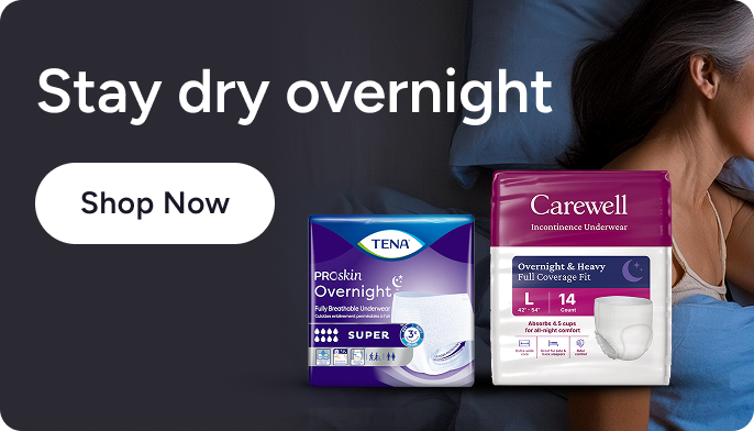 Image of a clickable banner with overnight incontinence products that leads to the incontinence page