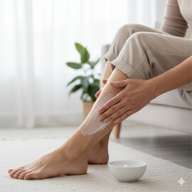 A photo of a person applying lotion.