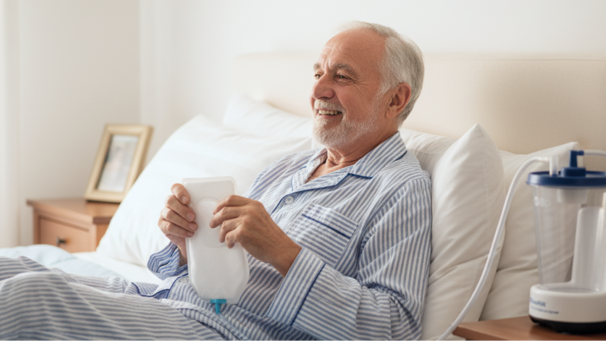 Man holding a Purewick catheter