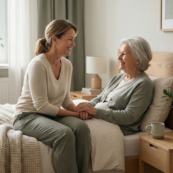 A caregiver sitting at her mother's bedside to comfort her