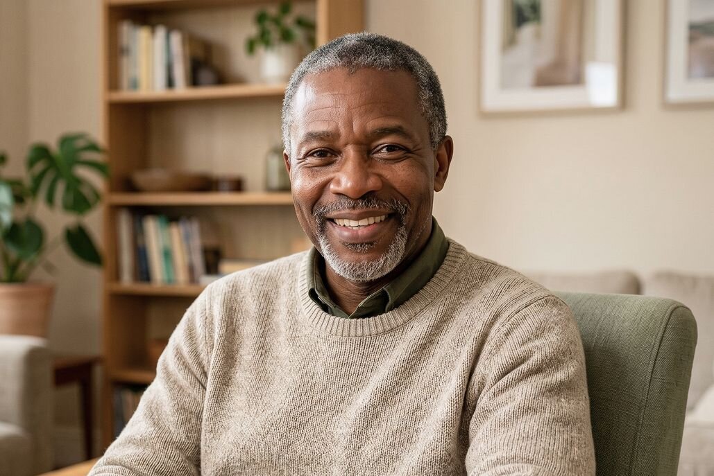 Happy older man smiling at the camera with a living room scene behind him