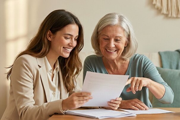 A care coordinator and happy senior woman looking at documents together