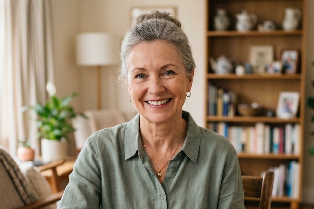 Happy woman smiling at the camera with a living room scene behind her