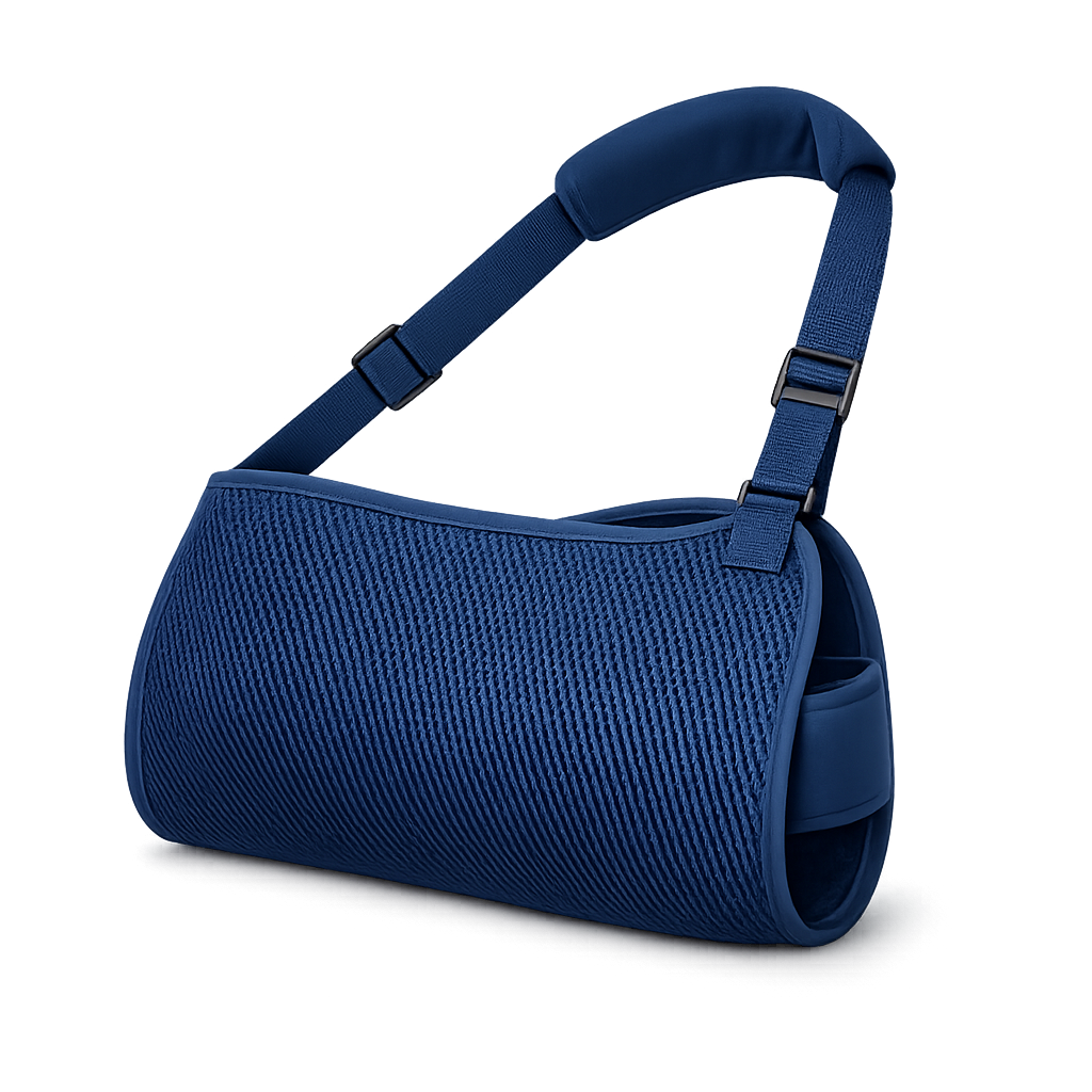 Blue arm sling with adjustable shoulder strap.