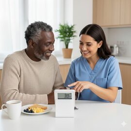 Photo of a nurse helping a man read his glucose levels.