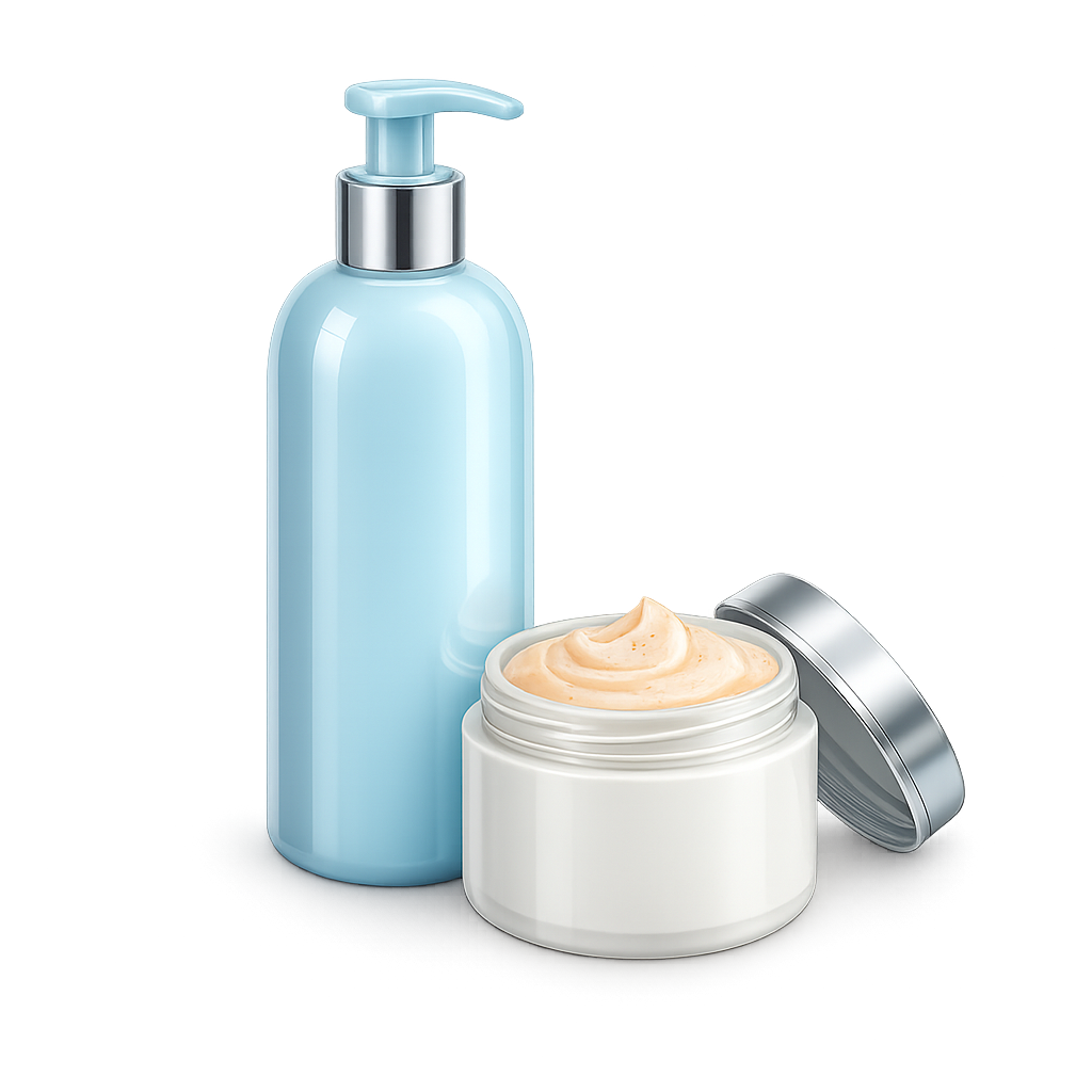 Light blue pump bottle beside an open white jar of melon-colored cream.