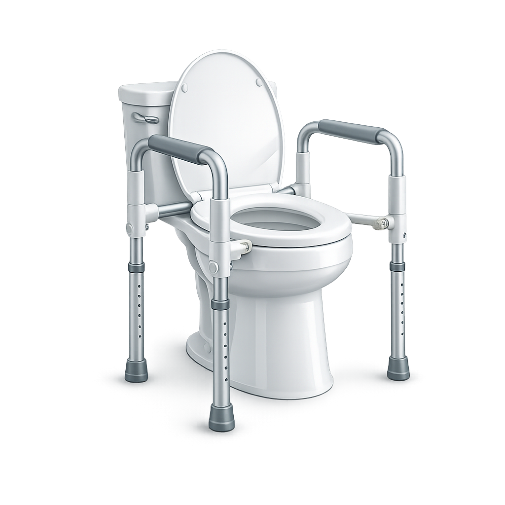 Toilet with raised seat and support grab bars on both sides.