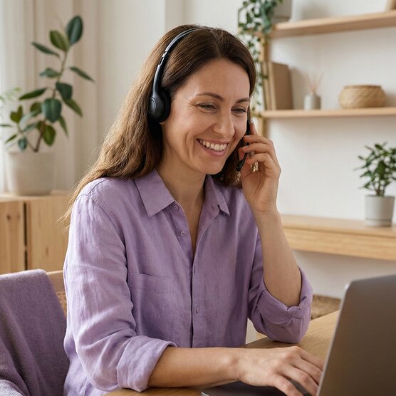 Happy customer service woman talking to a customer on her headset