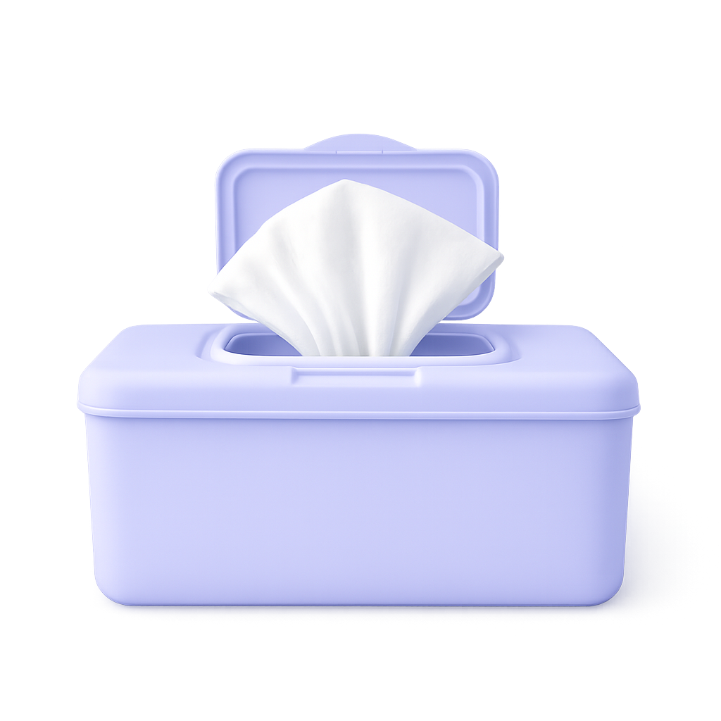 Light purple wipes container with a flip-top lid and a white wipe.