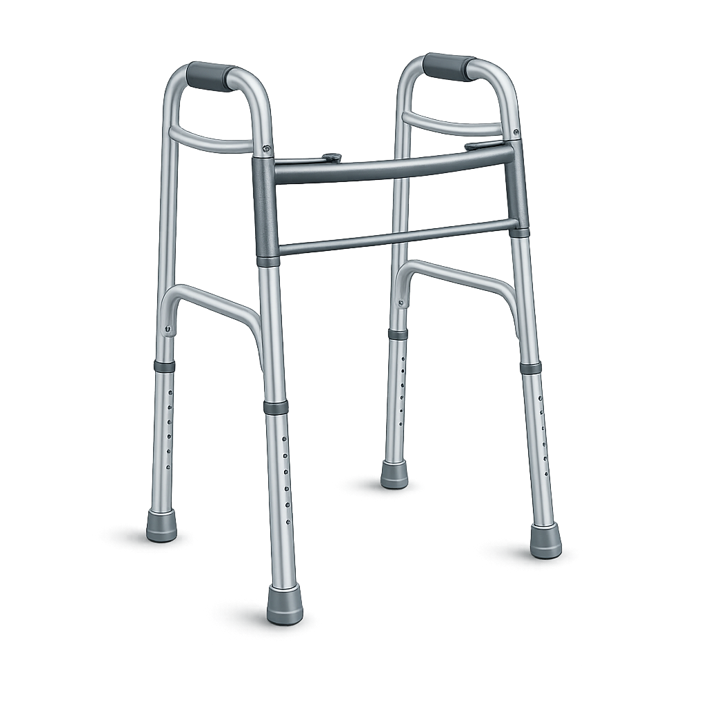 Silver walker with four legs and rubber tips.