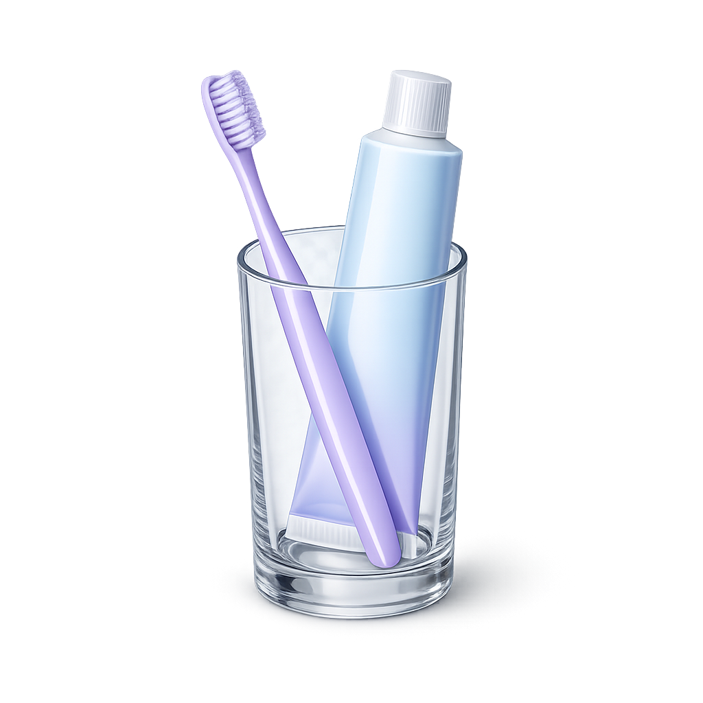 Transparent glass cup holding a light purple toothbrush and a light blue toothpaste tube.