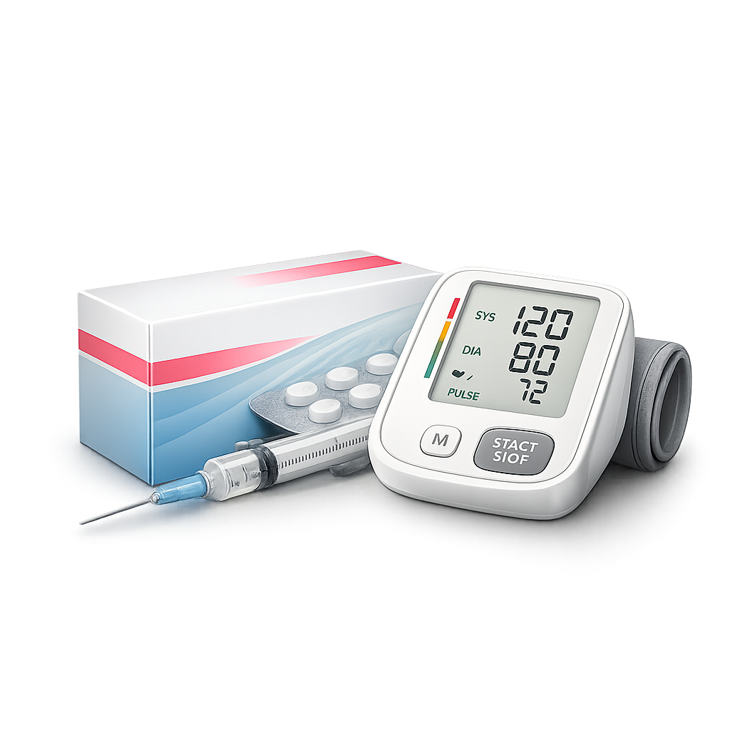 A digital blood pressure monitor next to a syringe and a box of medication.