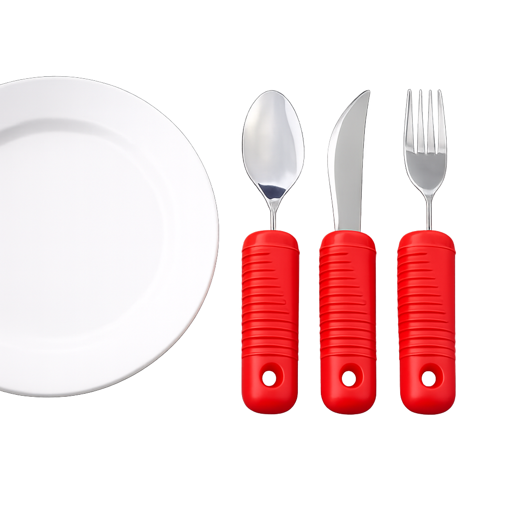 White plate next to a spoon, knife, and fork with red handles.