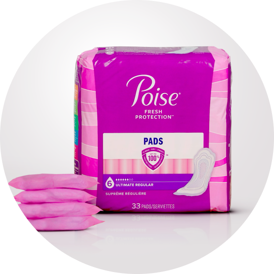 Image of a pink Poise incontinence pads package.