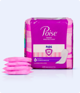 Poise incontinence pads displayed in packaging 