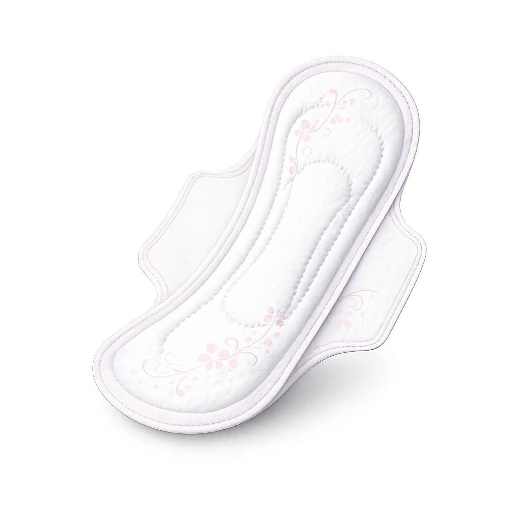 White feminine pad with a subtle pink pattern.