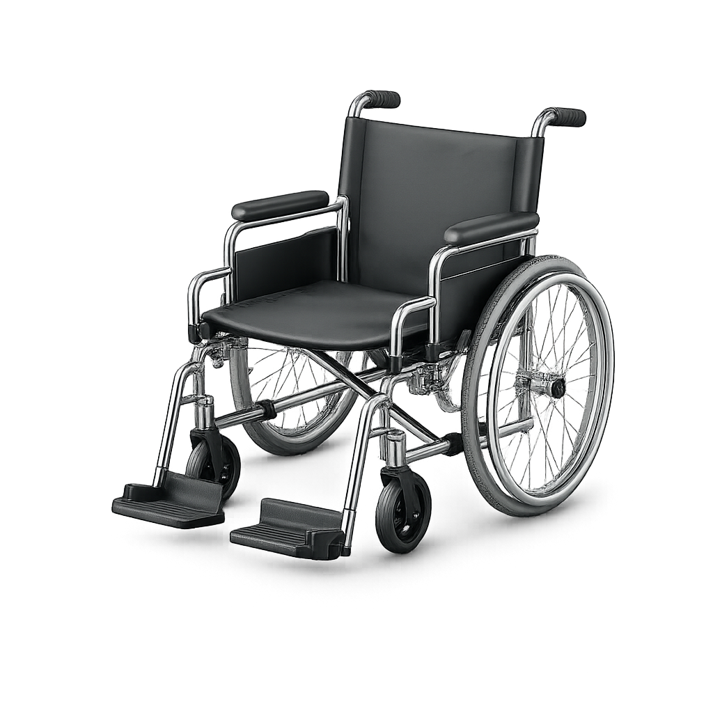 A manual wheelchair with footrests and large rear wheels.