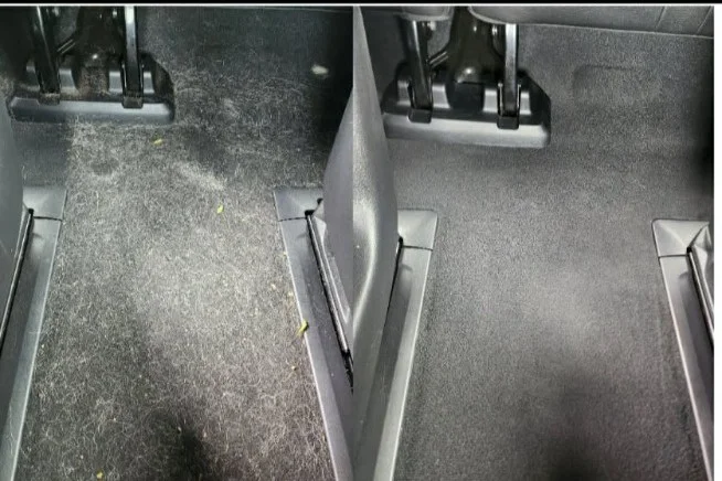 Rivian R1S rear floor carpet before an interior detail