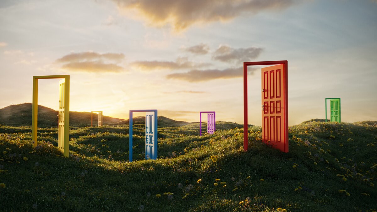 Image of colorful door frames in field - alluding to difficult choices