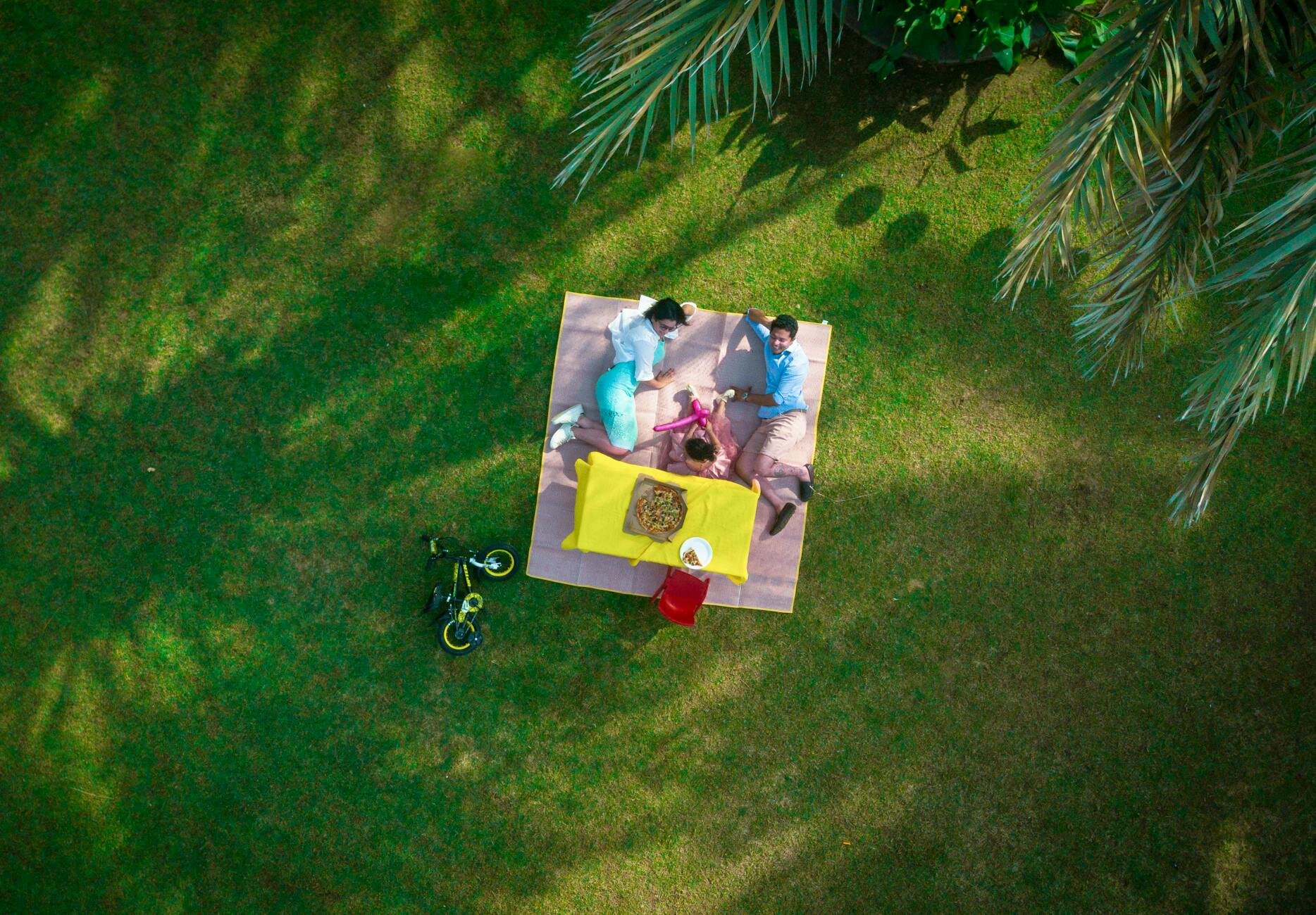 family having picnic, image from directly above with drone