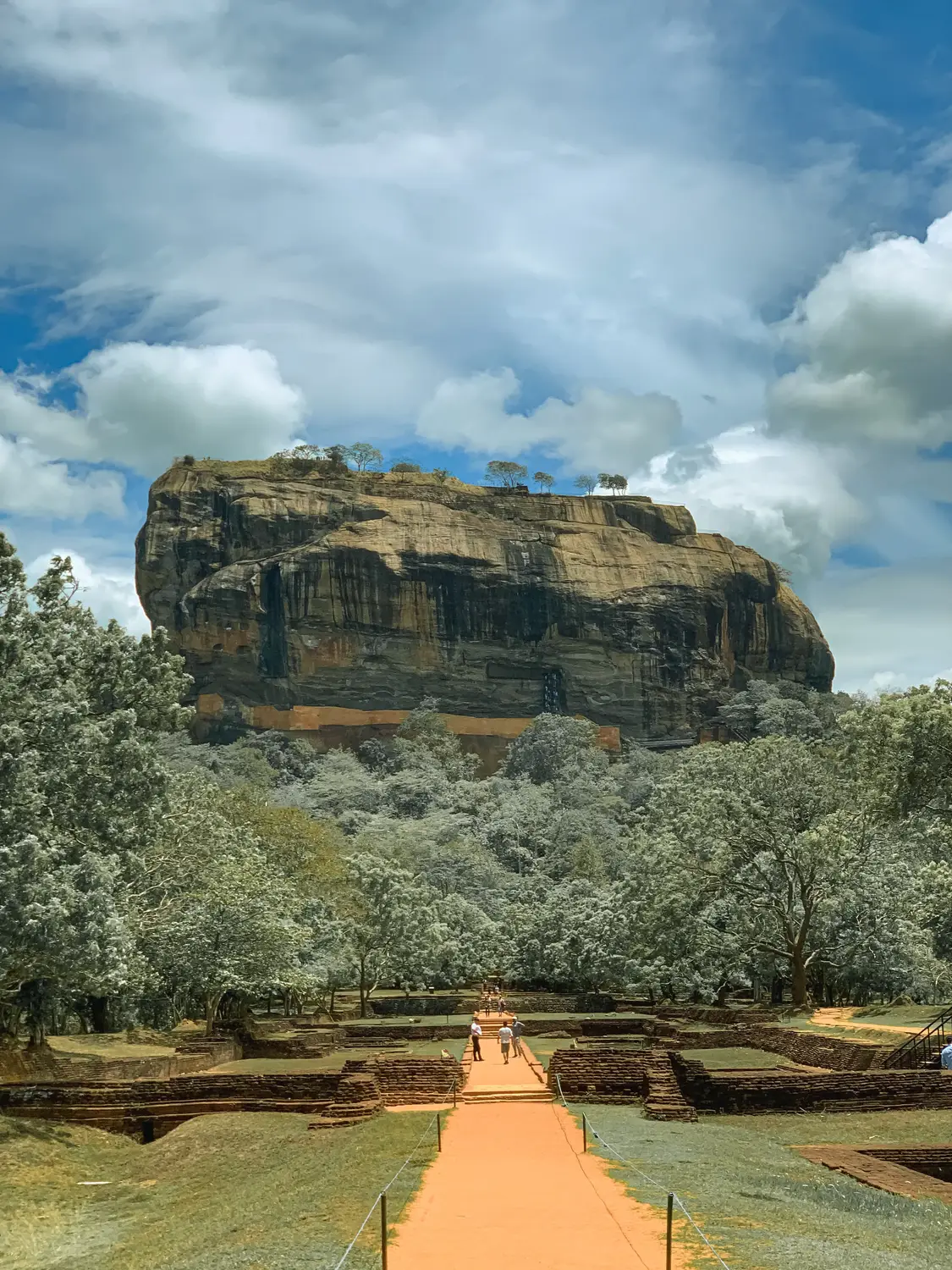 Sigiriya Lion Rock fortress rising above lush green forest and landscaped gardens in Sri Lanka.