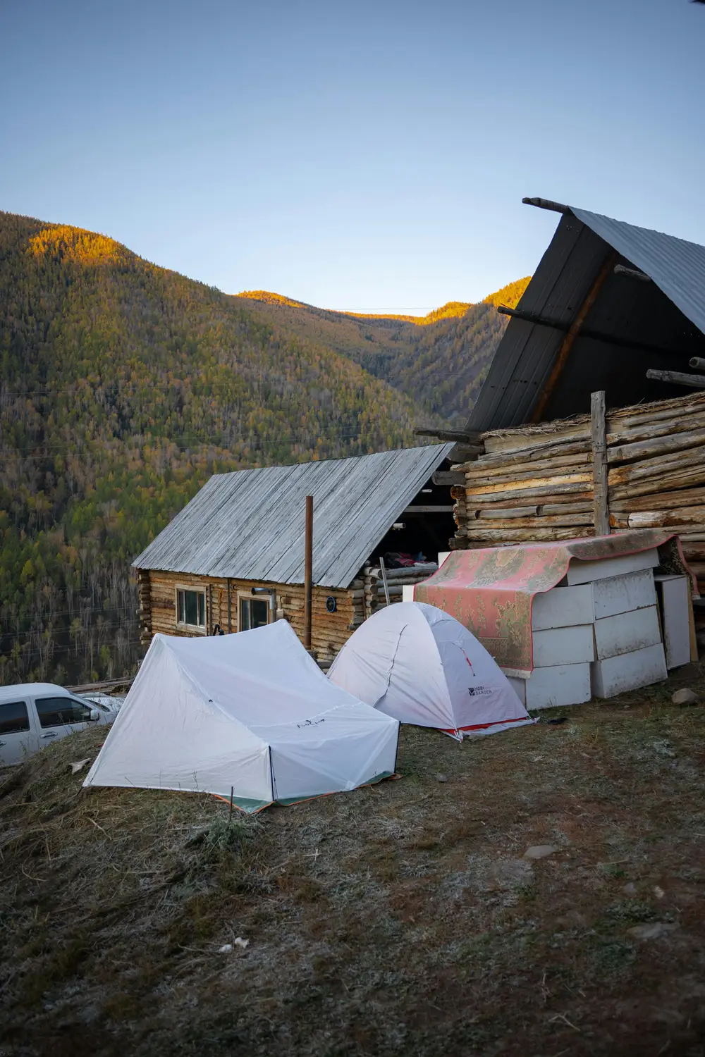 Two white camping tents pitched beside a weathered log cabin on a hillside overlooking a forested autumn mountain valley at dusk