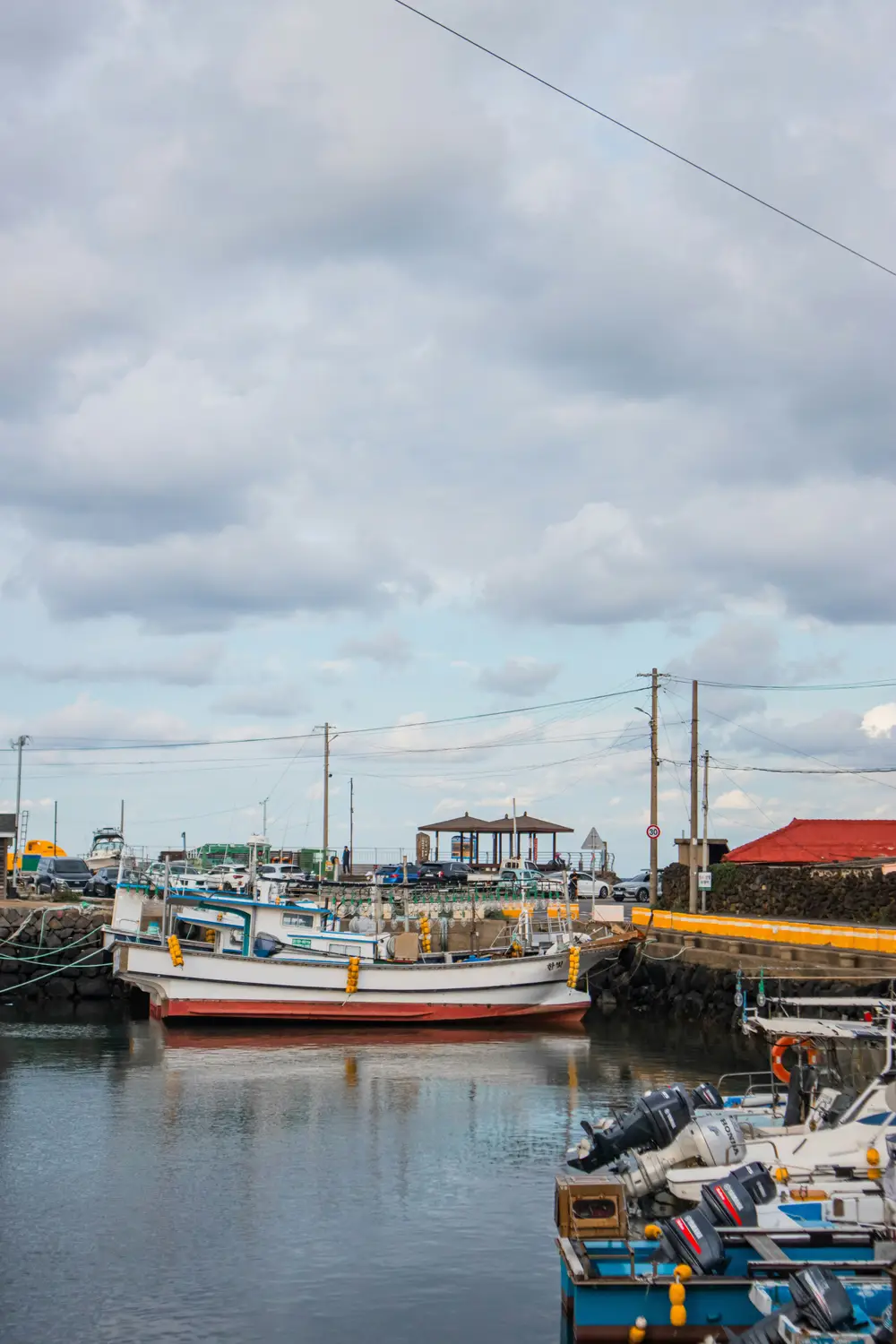 Fishing boats moored at a harbor under a cloudy sky in a coastal South Korean port town.