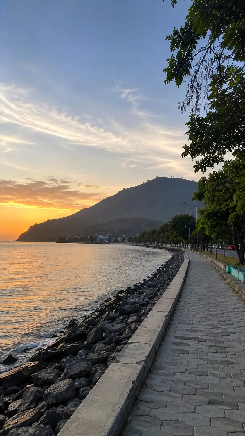 Coastal road at sunset along calm bay with mountain silhouette Timor-Leste