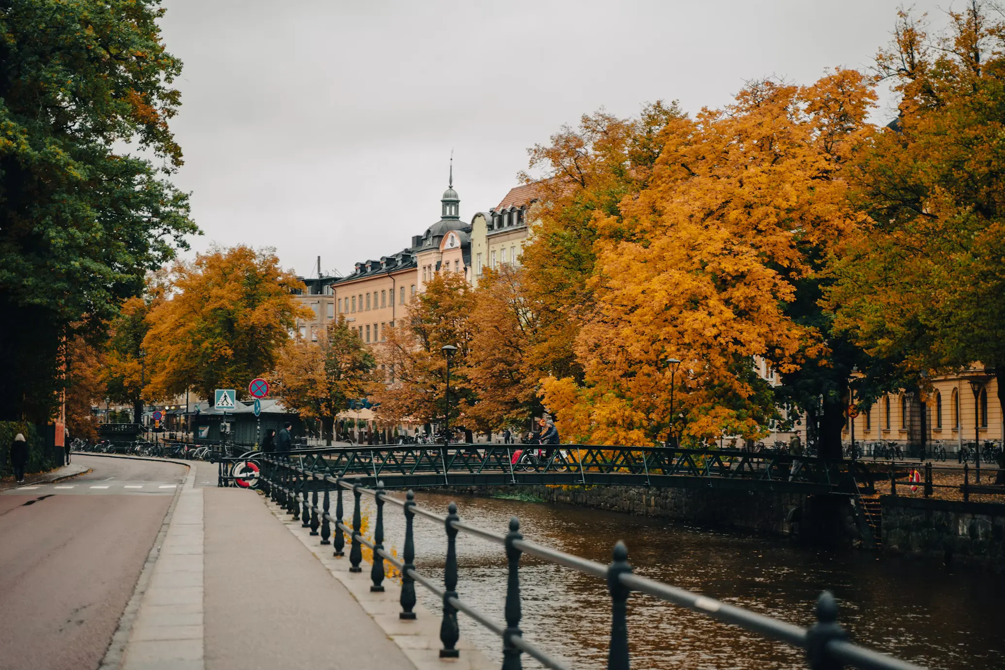 Autumn scene along a canal in Stockholm, with a tree-lined path in fall colors beside iron railings and a stone building visible through the foliage.