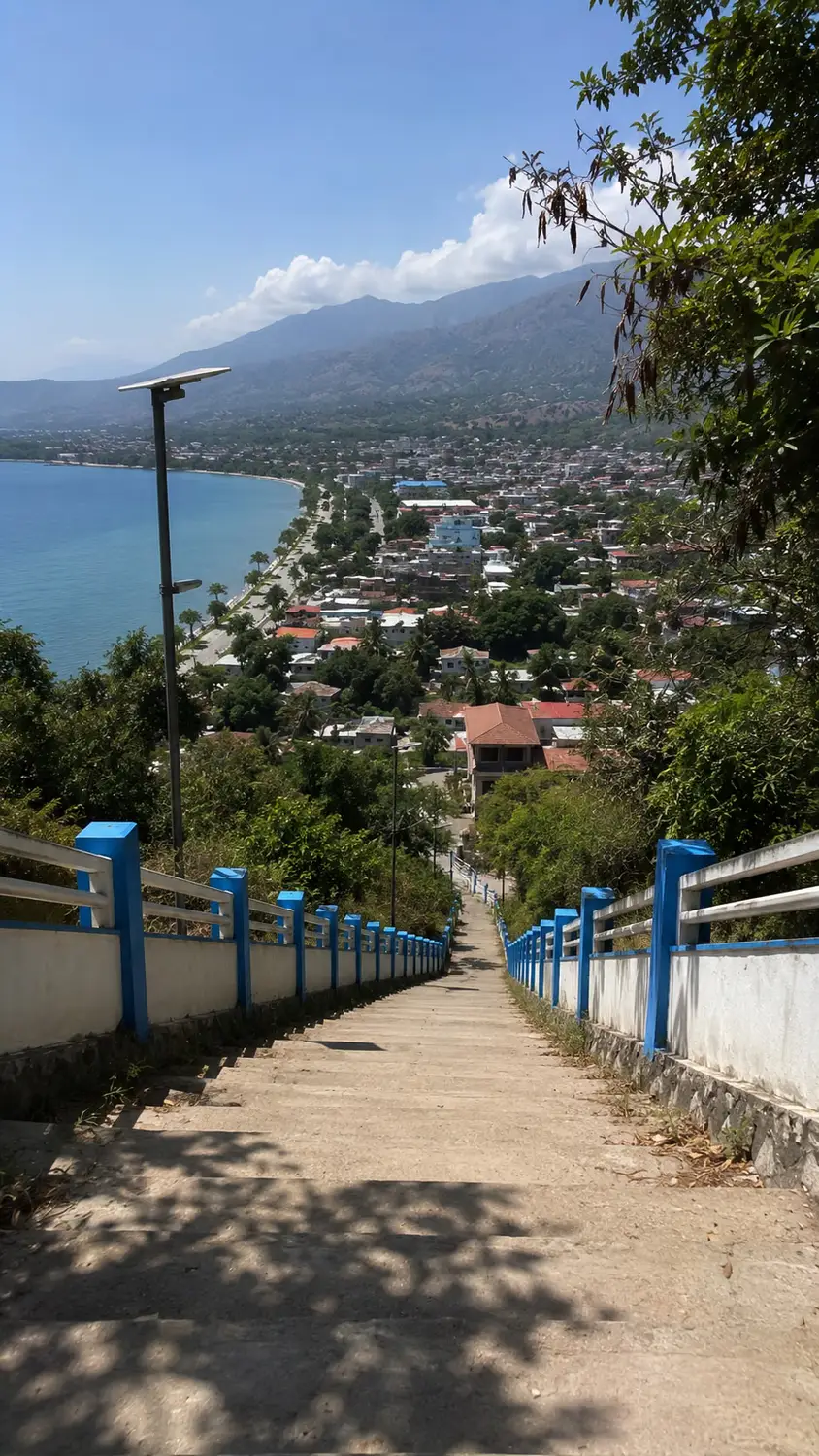 Scenic stairs descending toward coastal town with volcano view Timor-Leste
