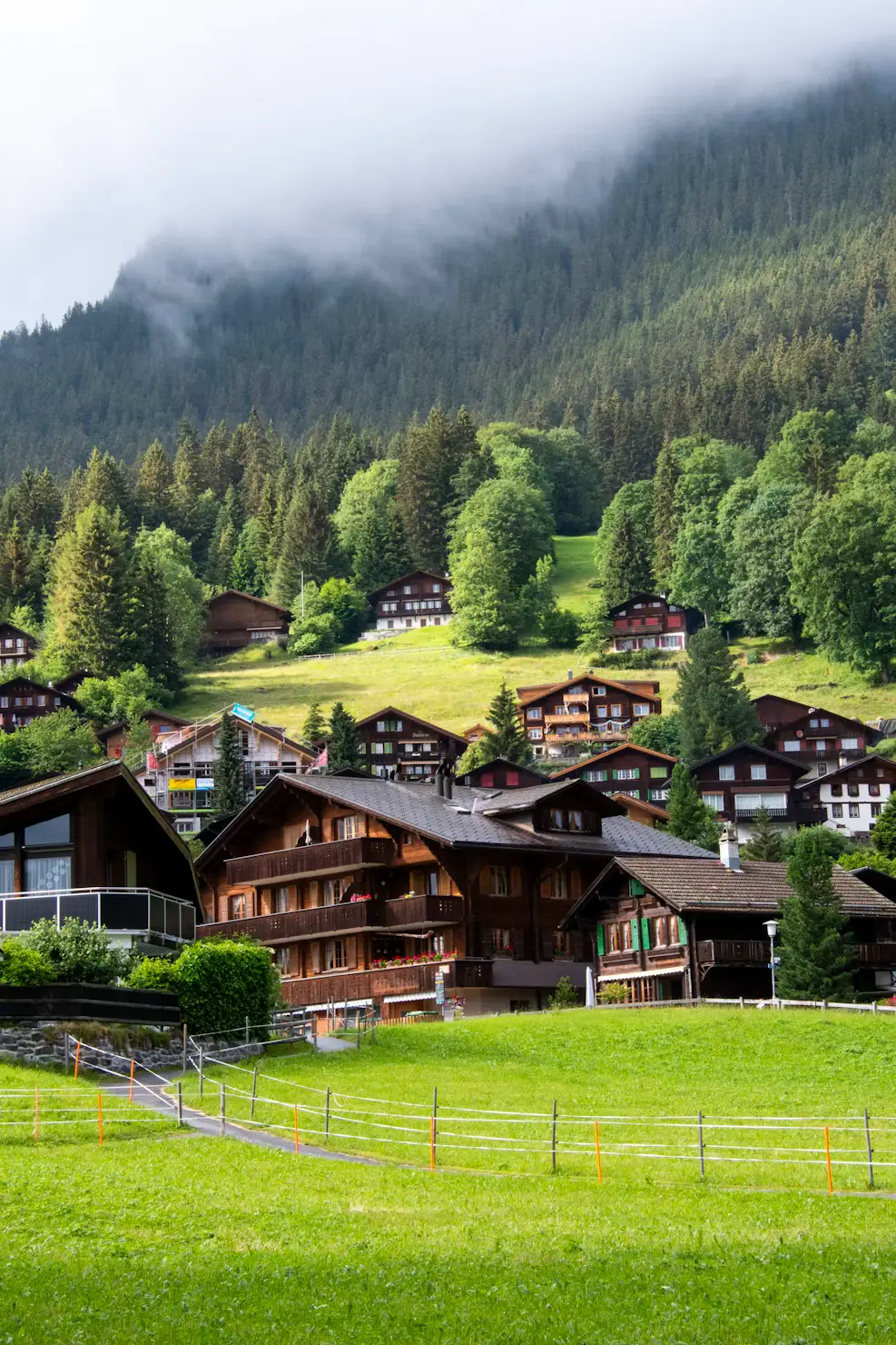 Traditional wooden chalets on a green alpine meadow with misty mountains, Switzerland