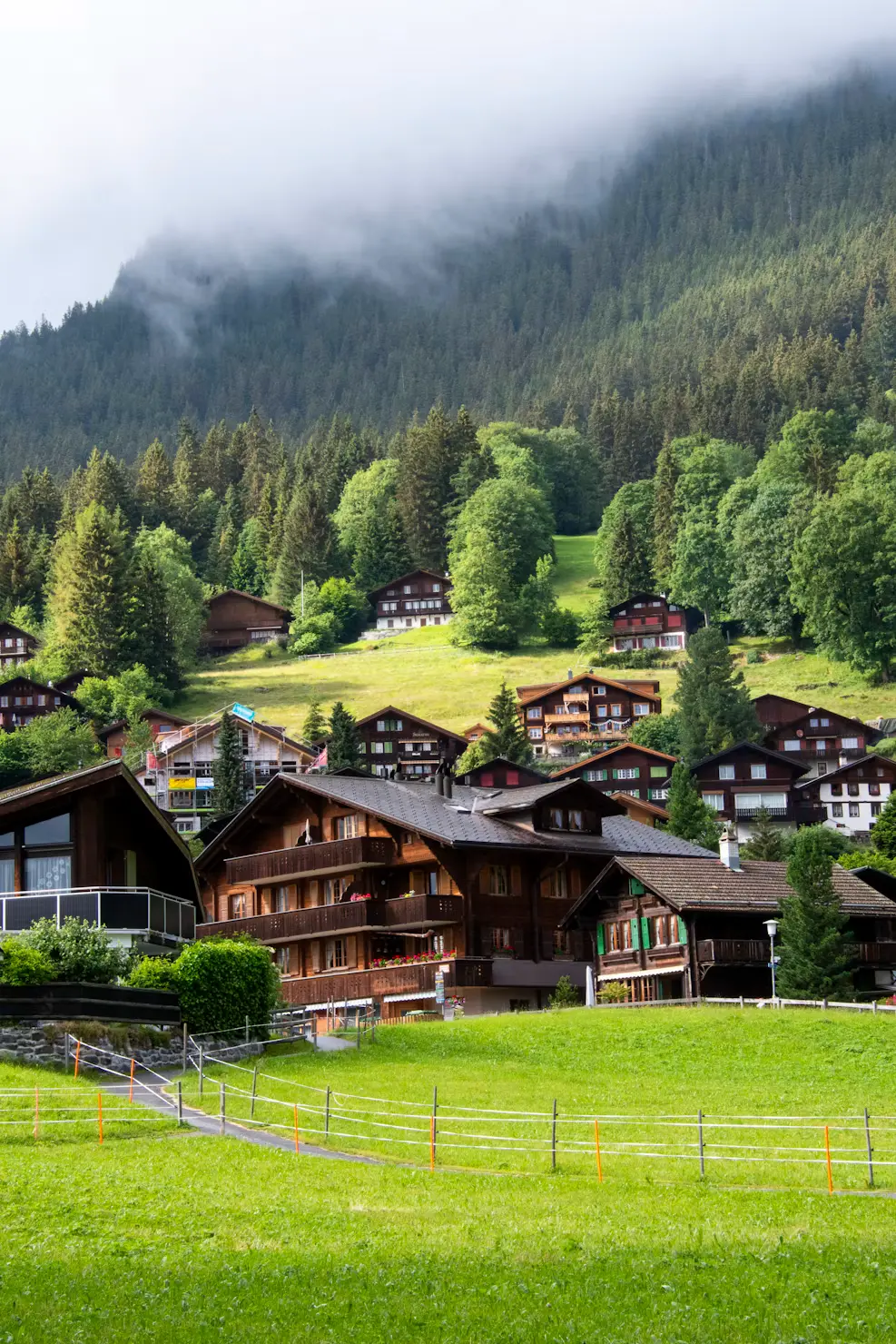 Traditional wooden chalets on a green alpine meadow with misty mountains, Switzerland