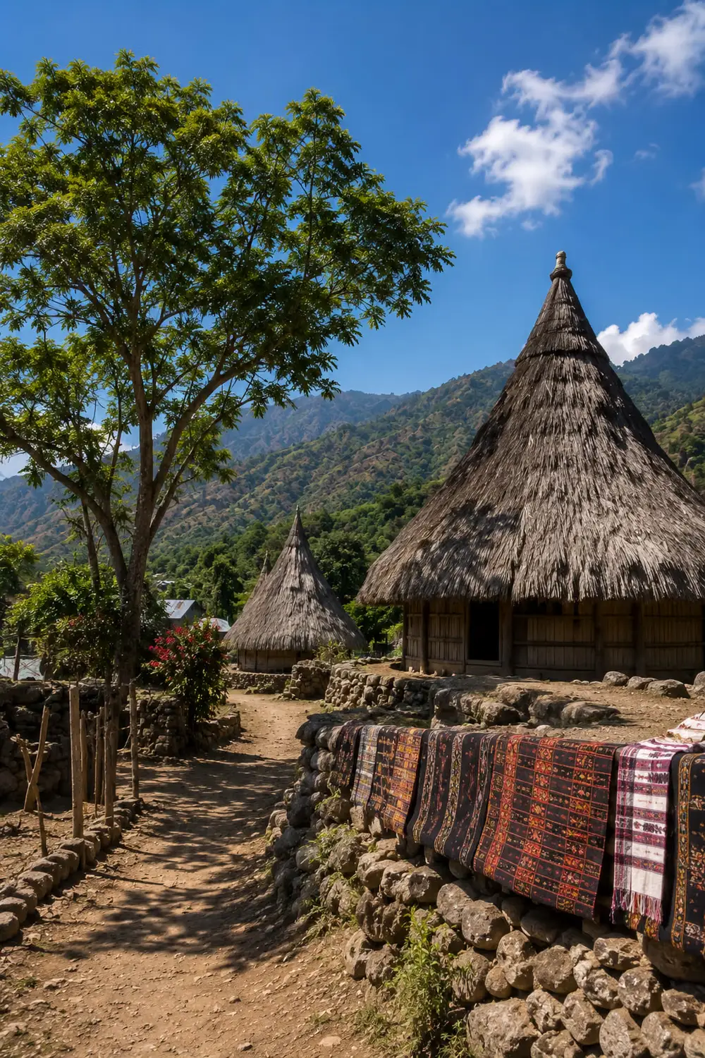 Traditional Timorese thatched roof hut with colorful woven textiles in village Timor-Leste