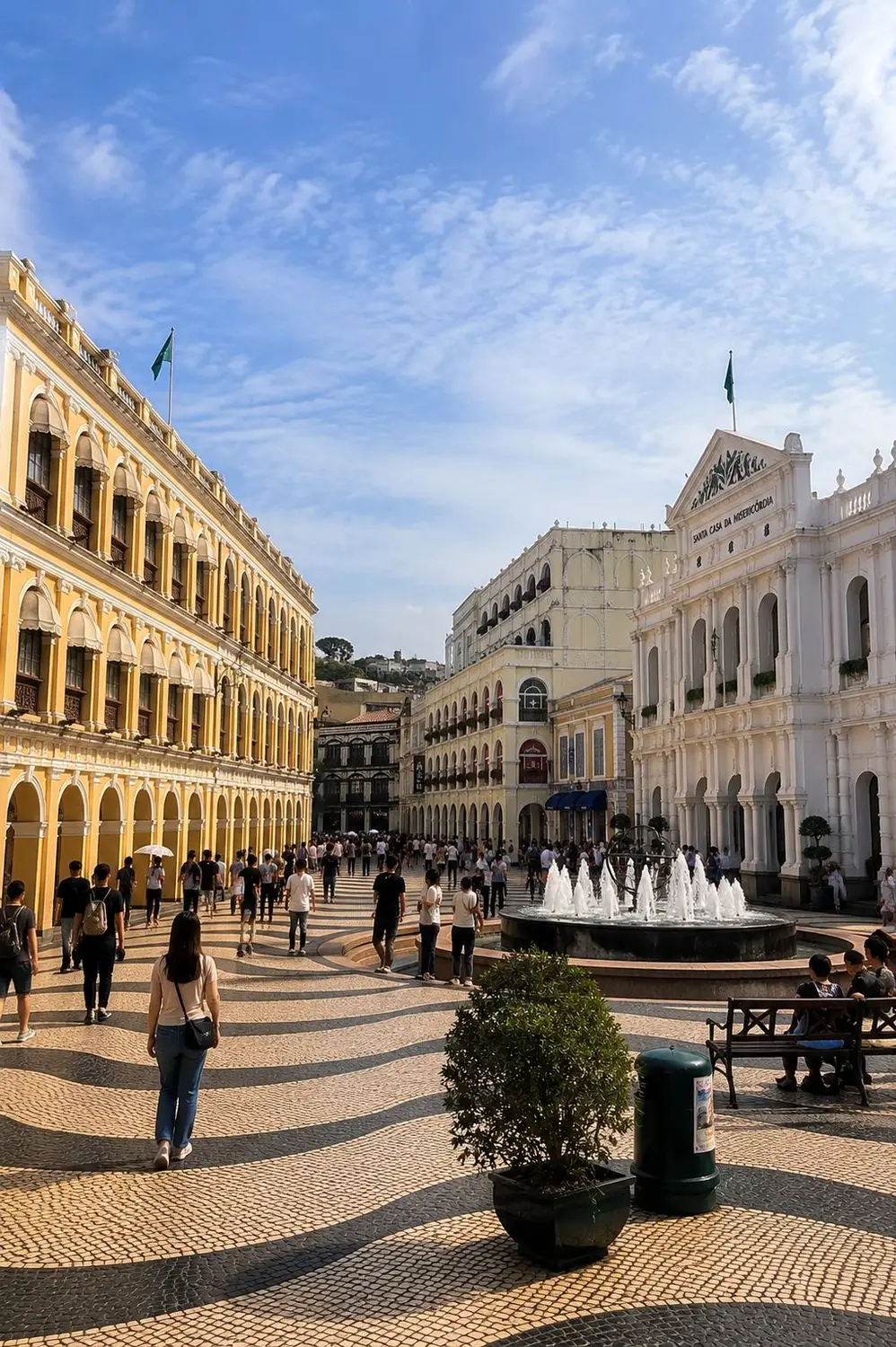 Senado Square with wave-patterned cobblestone paving and colonial buildings, Macau