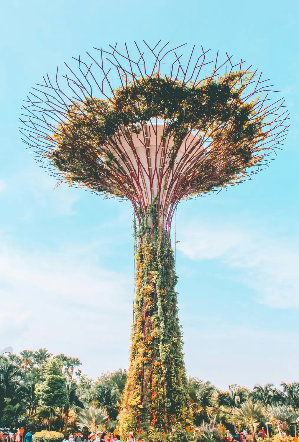 Close-up of a towering Supertree Grove structure covered in tropical plants and flowers at Gardens by the Bay Singapore