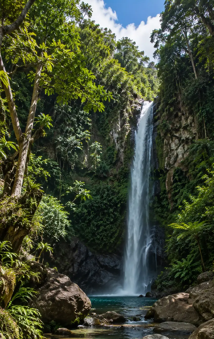 Tropical waterfall cascading through lush rainforest in Timor-Leste