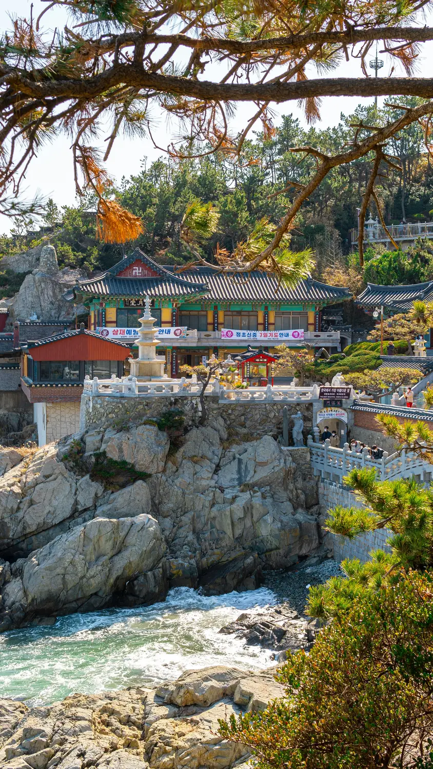 Traditional Korean temple buildings perched on rocky cliffs above a flowing mountain stream surrounded by pine trees.