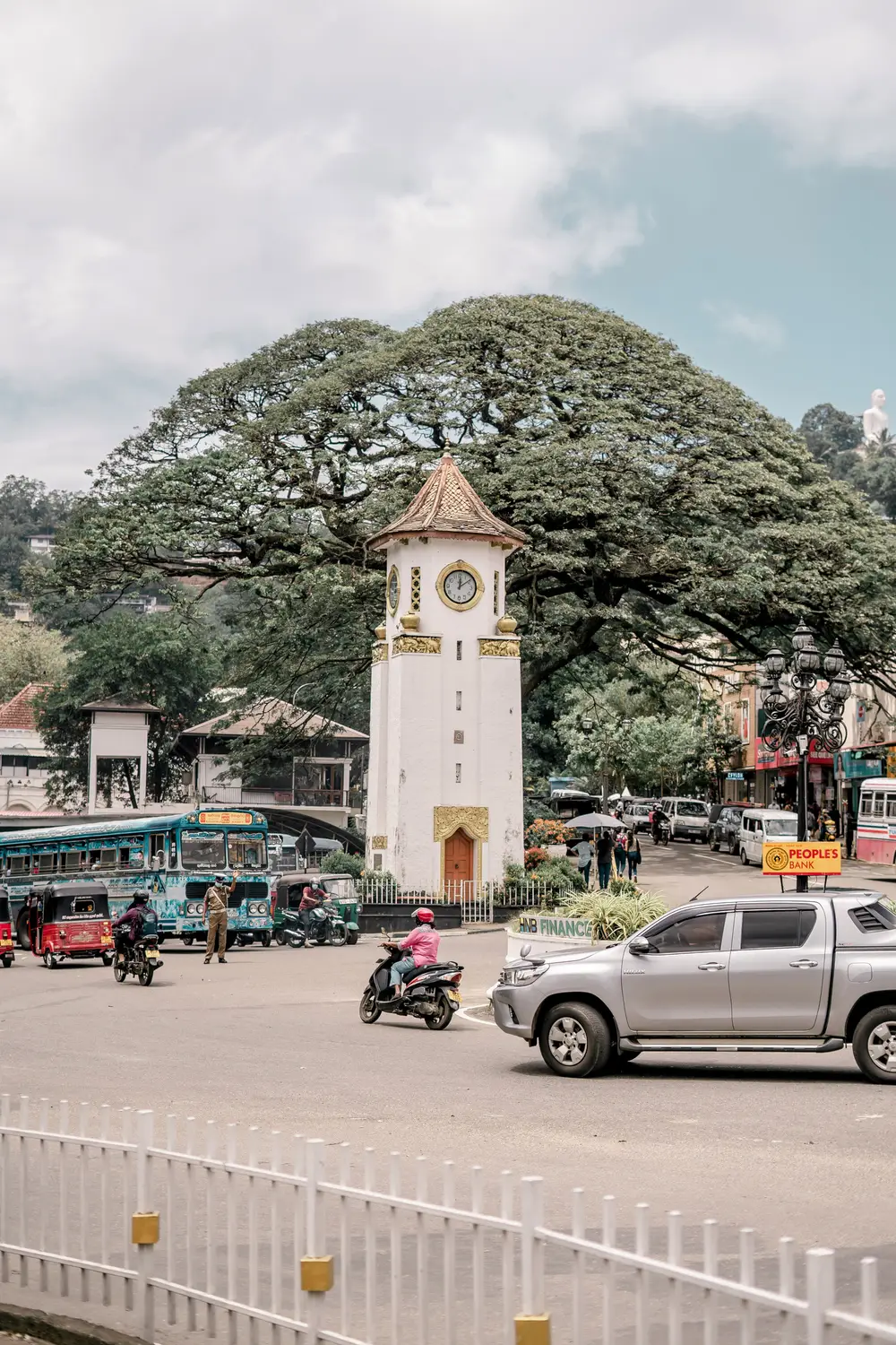 Historic white clock tower beside a large shade tree in a busy town square with tuk-tuks and traffic in Sri Lanka.