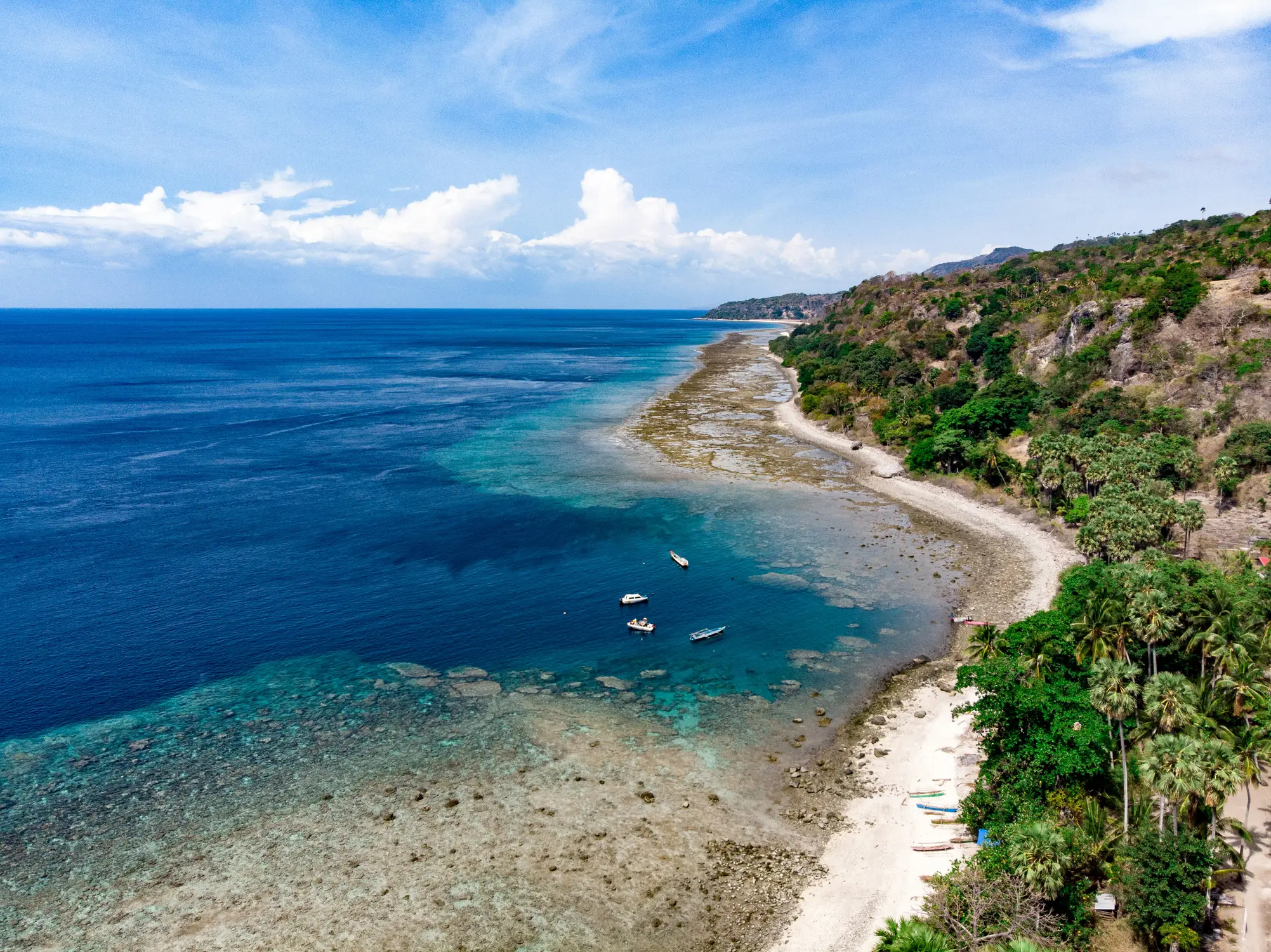 Aerial view of a pristine turquoise coastline in Timor-Leste with coral reefs, rocky shoreline, and lush green hills under a clear blue sky