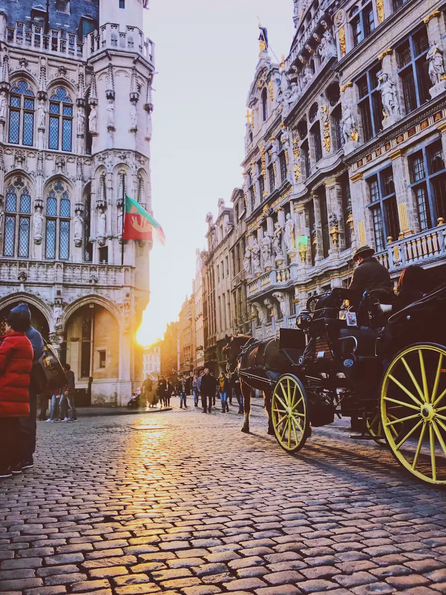 A horse-drawn carriage on cobblestones near Brussels' Grand Place at golden hour, with gilded guild house facades glowing in the sunset.