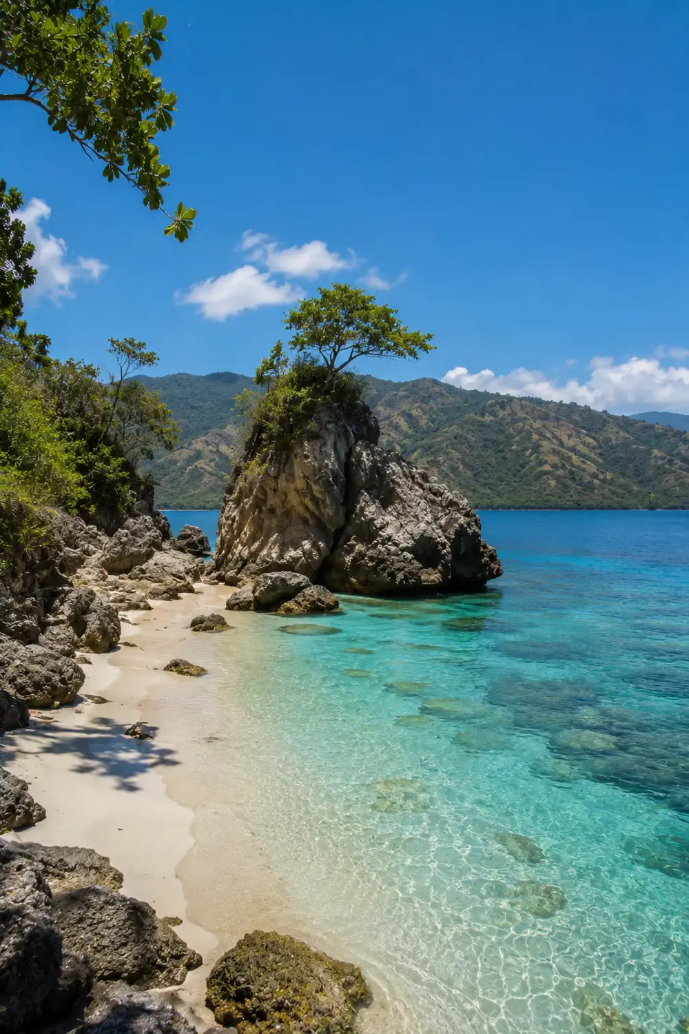 Secluded tropical beach with turquoise water and rocky outcrop Timor-Leste