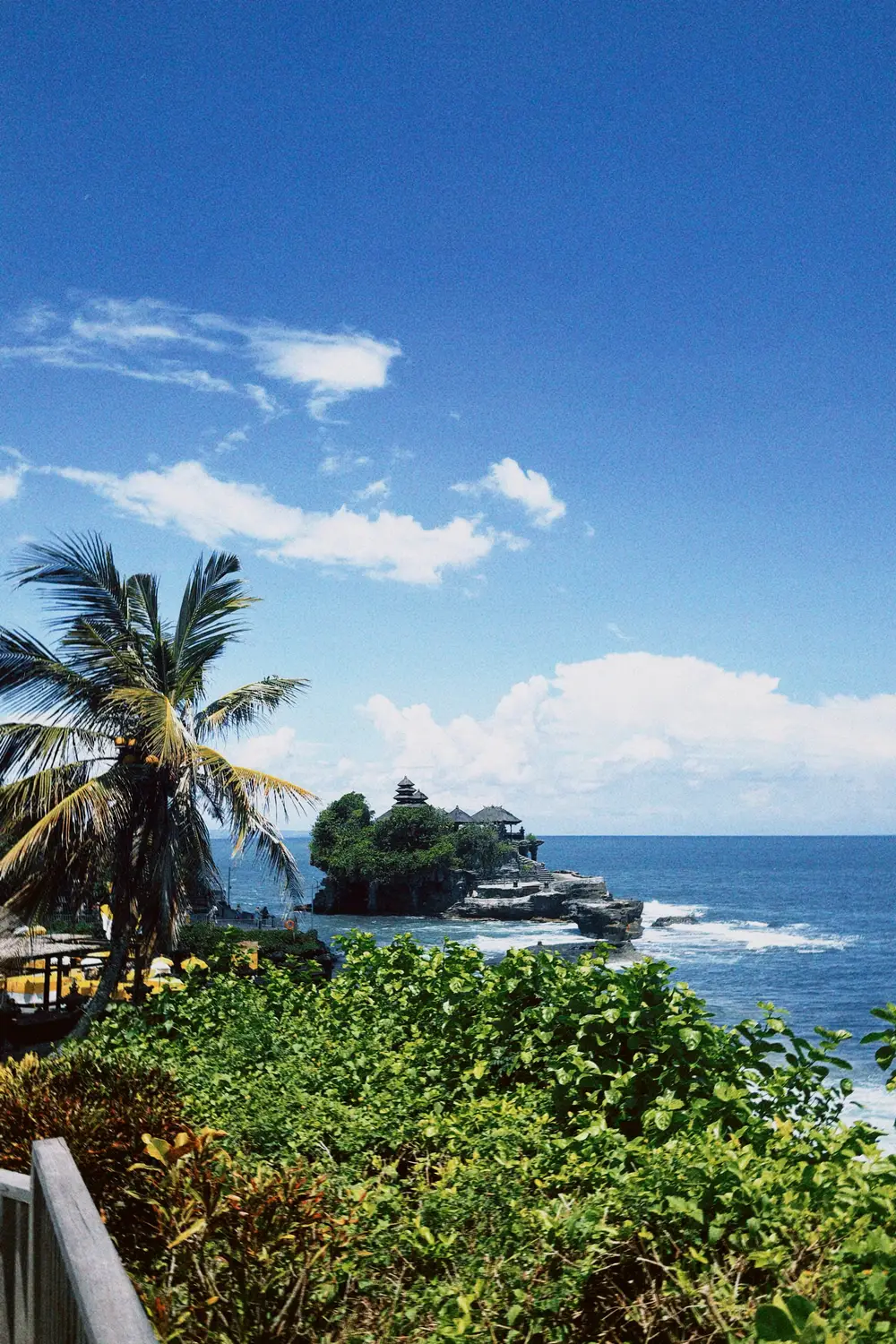 Coastal view of Tanah Lot temple perched on a rocky outcrop, framed by palm trees and tropical greenery overlooking the ocean in Bali, Indonesia.