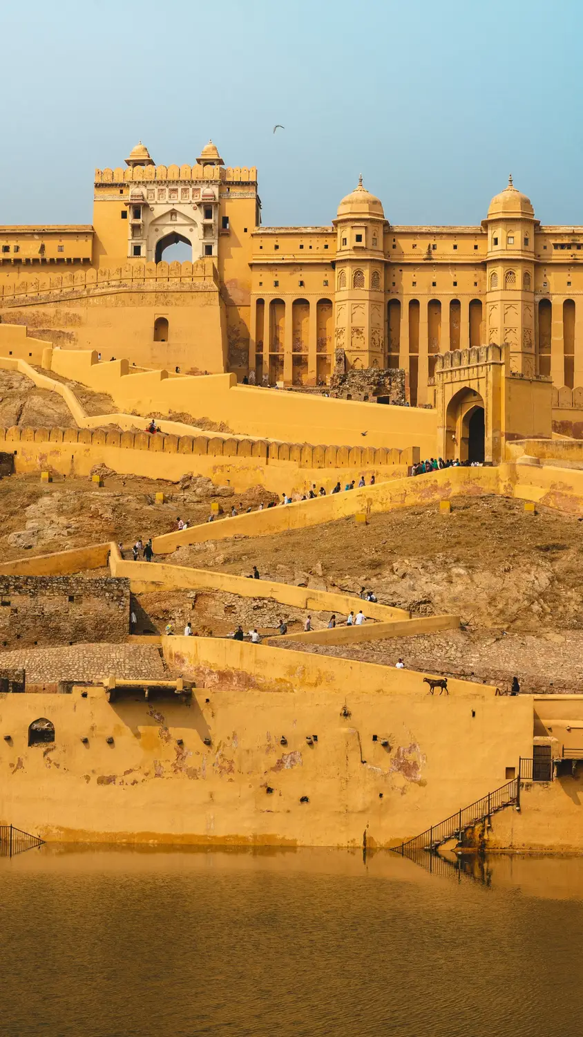 Amer Fort yellow sandstone Rajput palace with terraced walls reflected in Maota Lake, Jaipur, Rajasthan