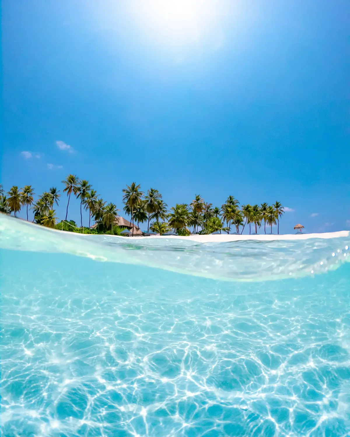 Split underwater and above water view of crystal clear turquoise lagoon with white sandy beach and tropical coconut palm trees under bright blue sky in Maldives