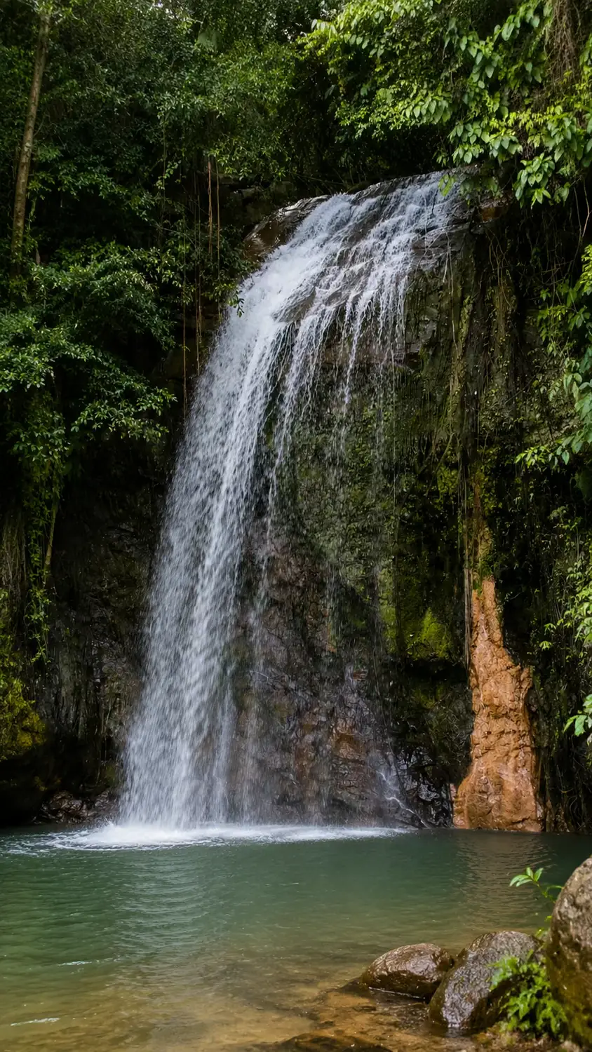 Tropical waterfall cascading into turquoise natural pool surrounded by lush Borneo rainforest, Brunei