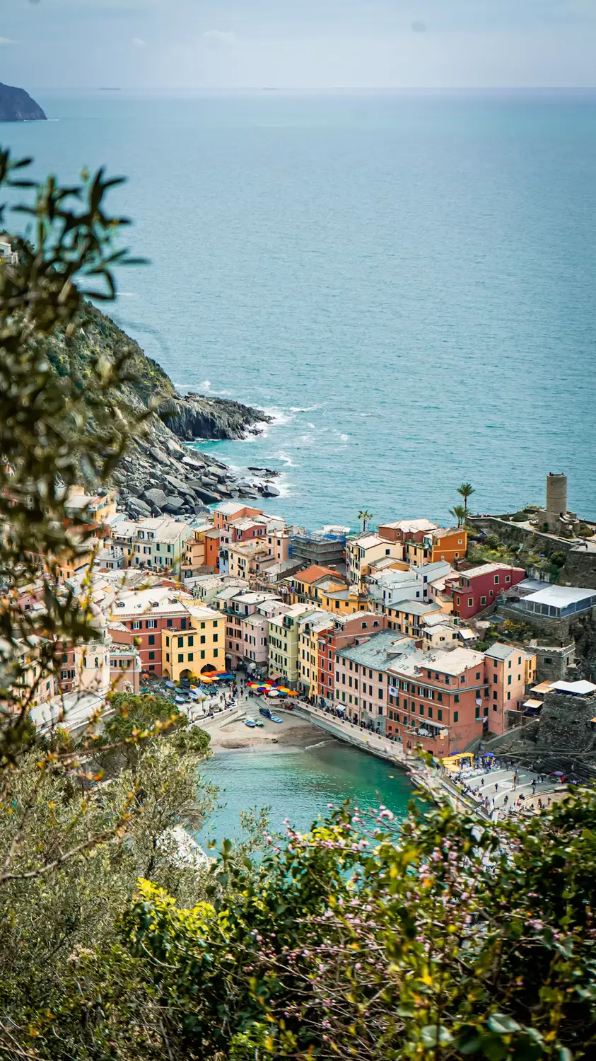 Vernazza harbor and colorful buildings viewed from a hillside path through greenery