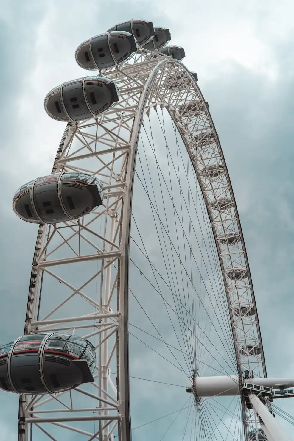 Low-angle view of the London Eye against a cloudy sky, its white lattice frame curving upward with dark oval passenger capsules along the rim.