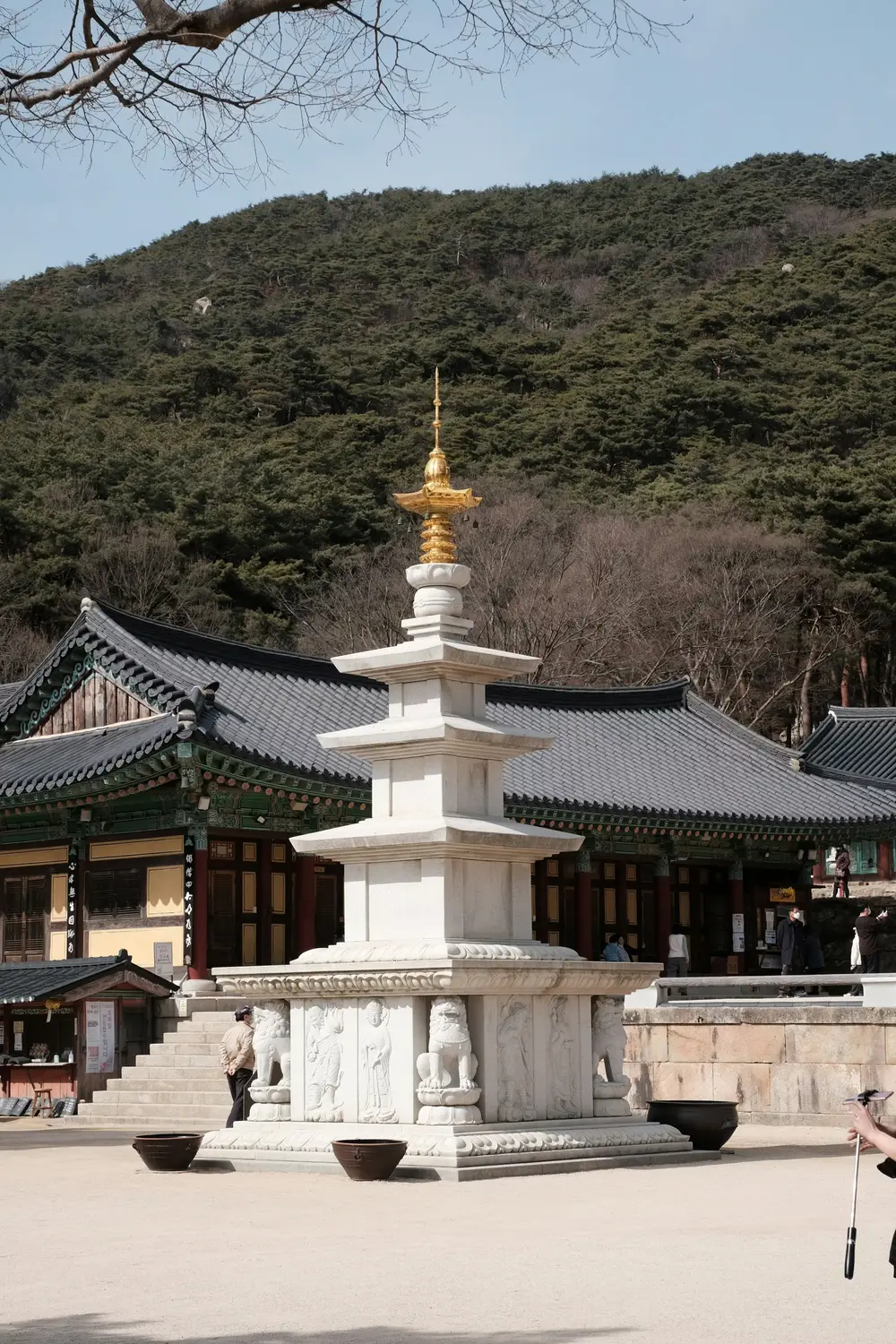White stone pagoda with a golden finial in the courtyard of a traditional Korean Buddhist temple, set against a forested mountainside.